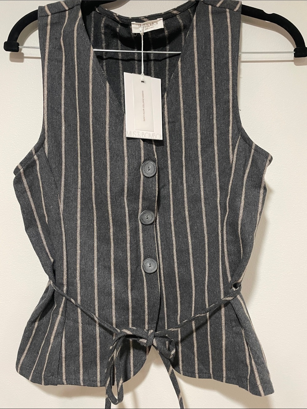 Mus & Bombon Striped Button-Front Waist Tie Vest - Charcoal with Cream Stripes
